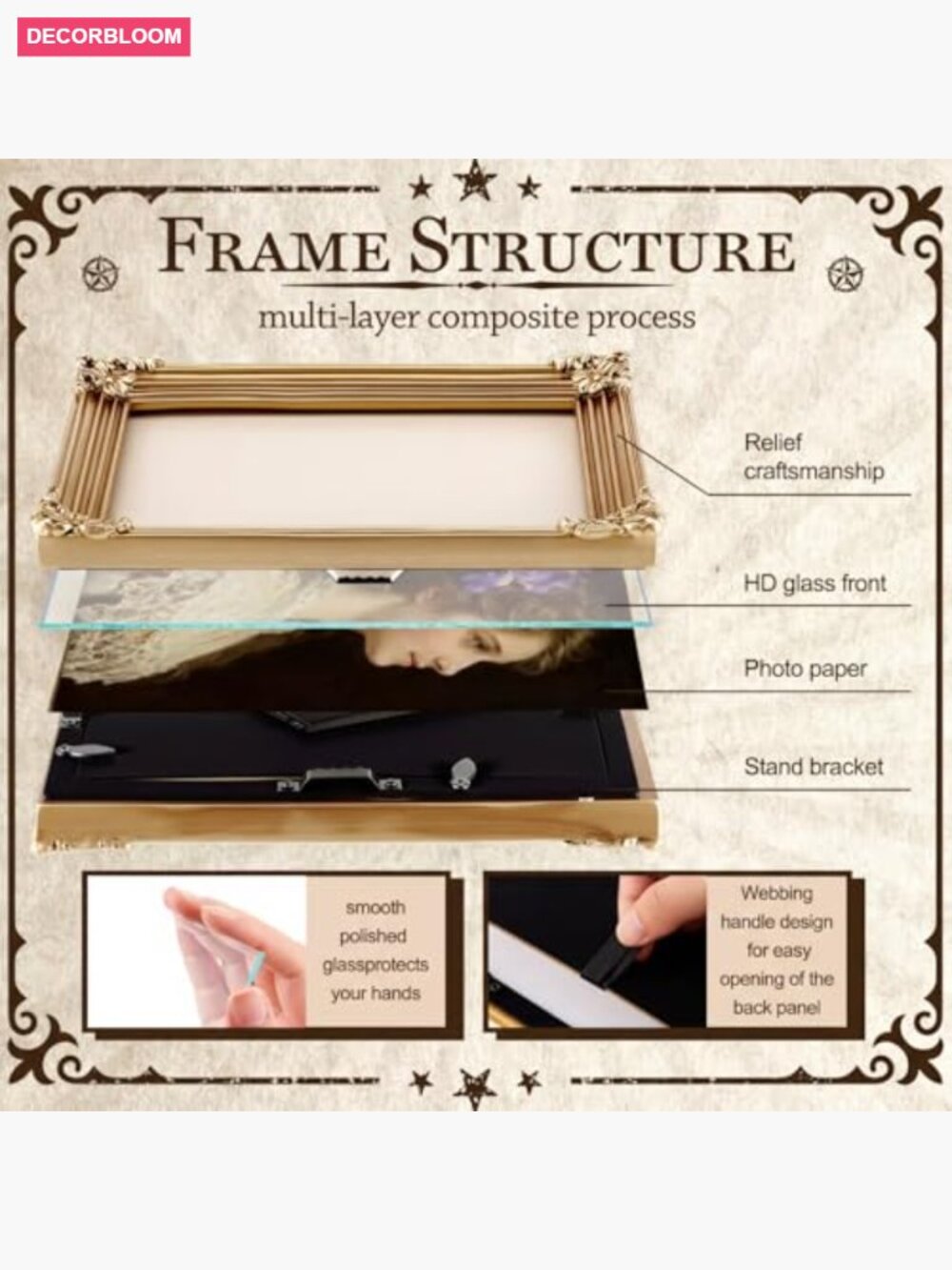 Gold Vintage Gallery Wall Frame Set 8 Pcs Resin Glass Baroque - Picture 4 of 7